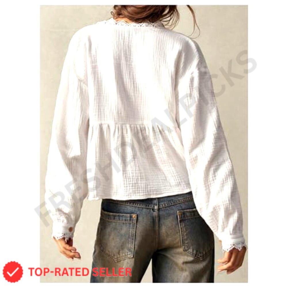Vintage Crochet Patchwork Blouse Boho Deep V Neck Button Up Crop Top - Picture 3 of 5